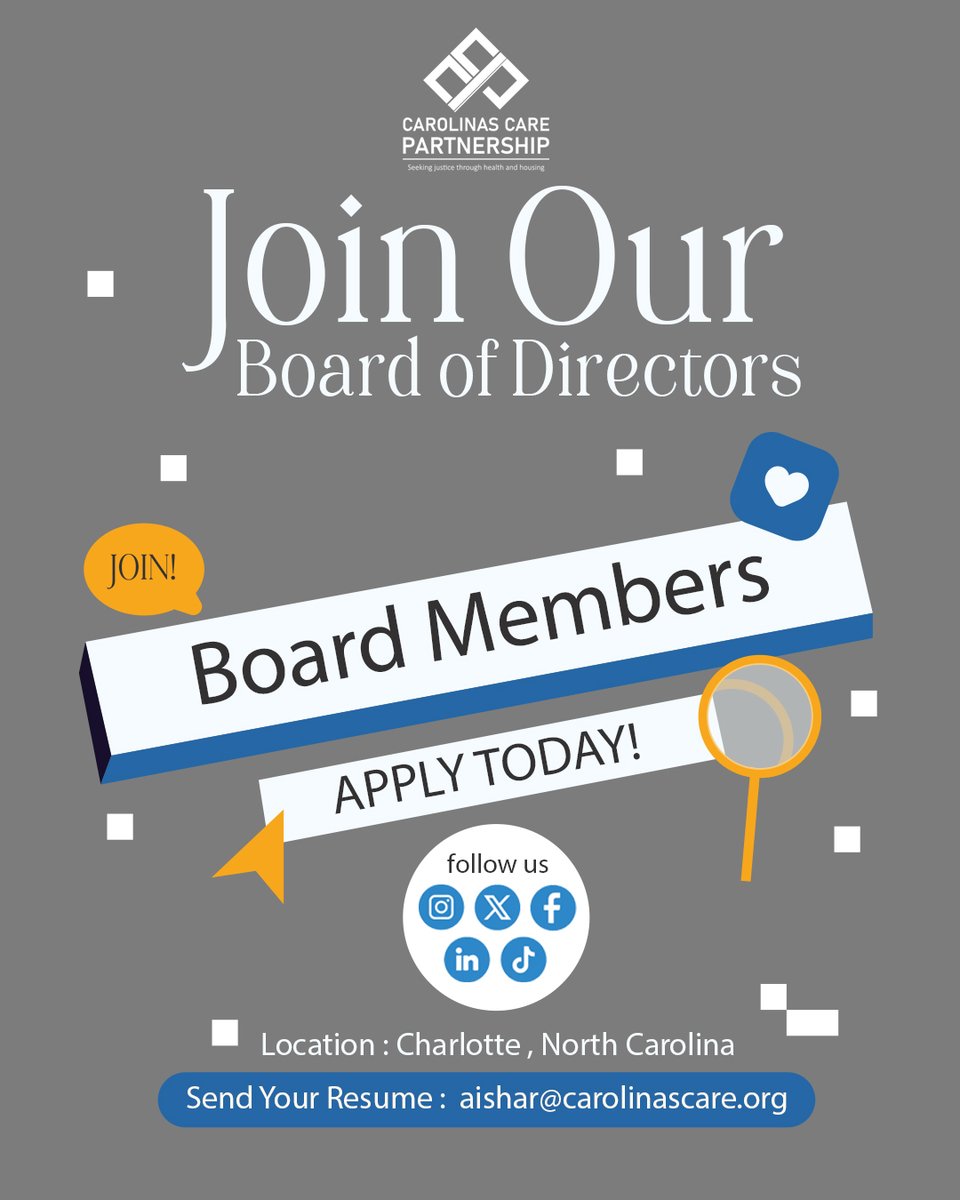 CCP_Prevention's tweet photo. We are seeking new board members, send resume to aishar@carolinascare.org! We will love to add talented Members to our Board of Directors. https://t.co/lNID4RU06U