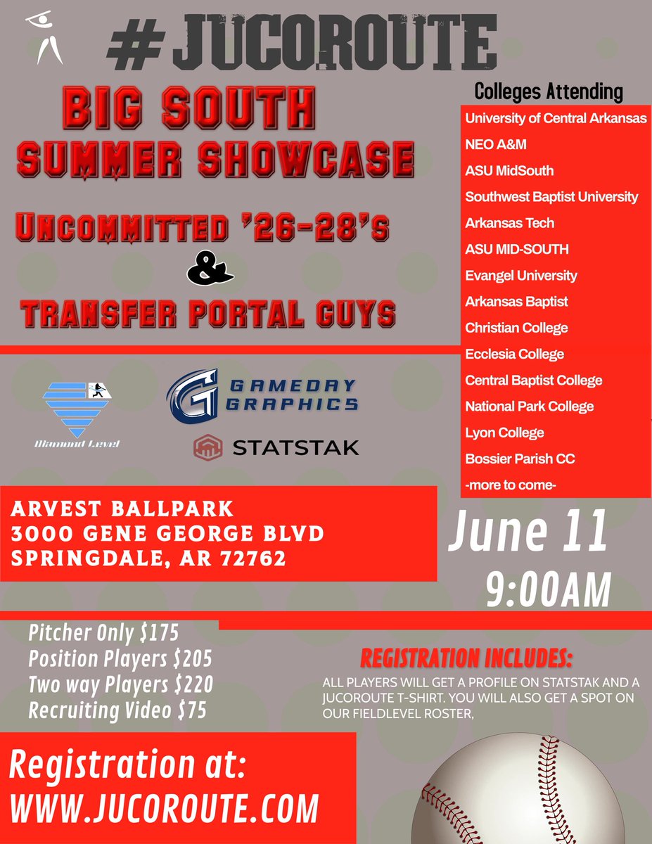 #JucoRoute (@jucoroute) on Twitter photo BIG SOUTH SUMMER SHOWCASE
⚾️UNCOMMITTED 25- 27HS⚾️
AND
Transfer Portal Guys
🏟️ Arvest Ballpark (<a href="/nwanaturals/">Northwest Arkansas Naturals</a>)
📍 Springdale, AR
📅 June 11, 2025
Save your spot 👉Jucoroute.com
<a href="/GamedayLLC/">GameDay Graphics LLC</a> | <a href="/Austin_allen1/">Austin Allen</a> BIG SOUTH SUMMER SHOWCASE
⚾️UNCOMMITTED 25- 27HS⚾️
AND
Transfer Portal Guys
🏟️ Arvest Ballpark (<a href="/nwanaturals/">Northwest Arkansas Naturals</a>)
📍 Springdale, AR
📅 June 11, 2025
Save your spot 👉Jucoroute.com
<a href="/GamedayLLC/">GameDay Graphics LLC</a> | <a href="/Austin_allen1/">Austin Allen</a>