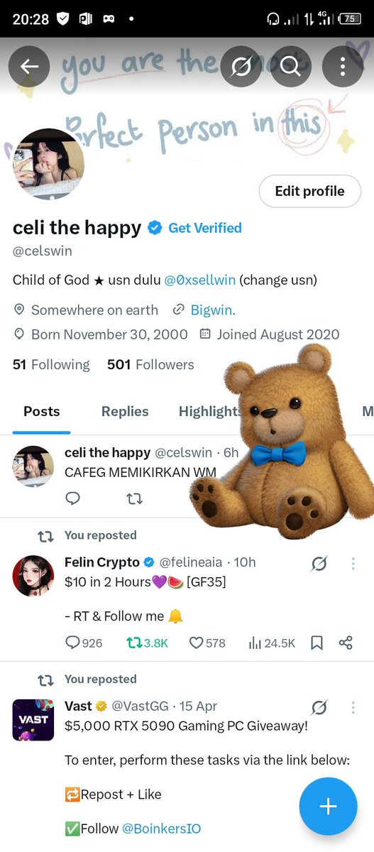 celswin's tweet image. Edisi aku back nge hunter lagi, dan habis ganti usn, aku akan ngedeep stiker boneka beruang ini untuk menjadi wm proof ku 😷💗 jadi gusy, stiker boneka beruang ini adalah wm ku secara ga langsung 🥲🙏🏻