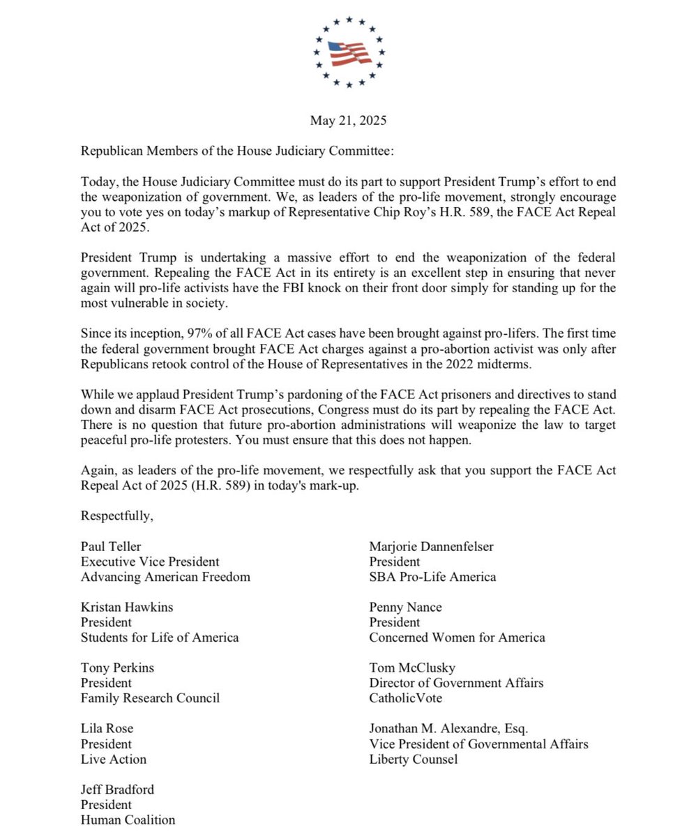 jonah_wendt's tweet image. NEW: the Pro-Life Movement, led by @AmericanFreedom just sent a support letter for @chiproytx  FACE Act Repeal Act of 2025, which is being marked up by @JudiciaryGOP today.