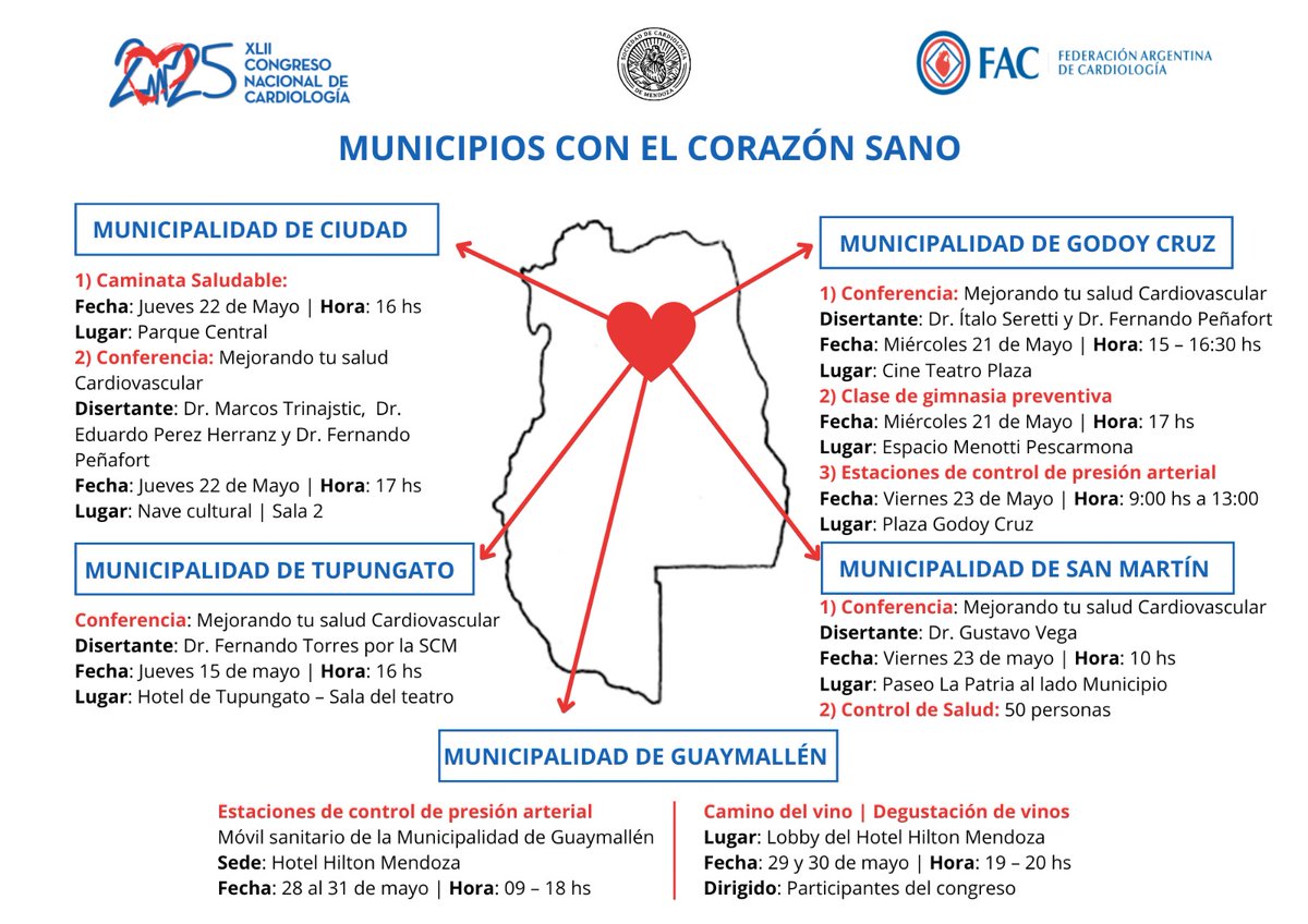 💓 MENDOZA CON EL CORAZON SANO

¿Vivís en Mendoza? Agendá estas actividades para adquirir hábitos saludables.

📍Del 19 al 28 de mayo 2025
🧭 Tupungato, Godoy Cruz, San Martín, Junín y Guaymallén.

#CNC2025 #Cardiología #FAC