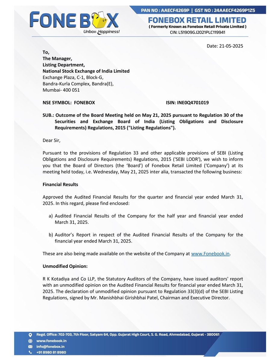 nileshkurhade's tweet photo. ๐ Fonebox Retail Limited informed the exchange about its approval for the financial results for the period ended March 31, 2025. #SME #FONEBOX ๐๐งพ https://t.co/UdSZPTgTZD