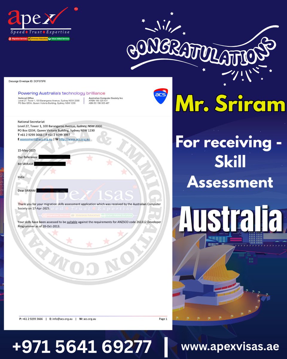 ApexMiddle's tweet photo. 🎉 Congrats Mr. Sriram!
Skill Assessment for 🇦🇺 Australia approved ✅
Next stop: PR dream!
Trust Apex Consultants to guide your journey.
+971 5641 69277 | https://t.co/2bu46CWWHi
#AustraliaPR #SkillAssessment #Apexconsultants #VisaSuccess #MigrationExperts https://t.co/dzLVUcZjOF