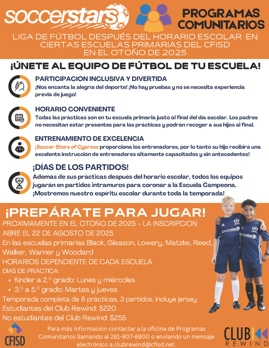 CFISDMELISSA's tweet photo. ⚽️ @CyFairISD, LET'S KICK IT!
@CFISDCOMMPROG  + Soccer Stars = After School Soccer League ⚽️

Launching Fall 2025 at:
• Black ES • Gleason ES • Lowery ES • Matzke ES •
• Reed ES • Walker ES• Warner ES• Woodard ES •

📅 Reg opens 8/22
📧 clubrewind@cfisd.net
#CFISDspirit https://t.co/rY0CCYqqne