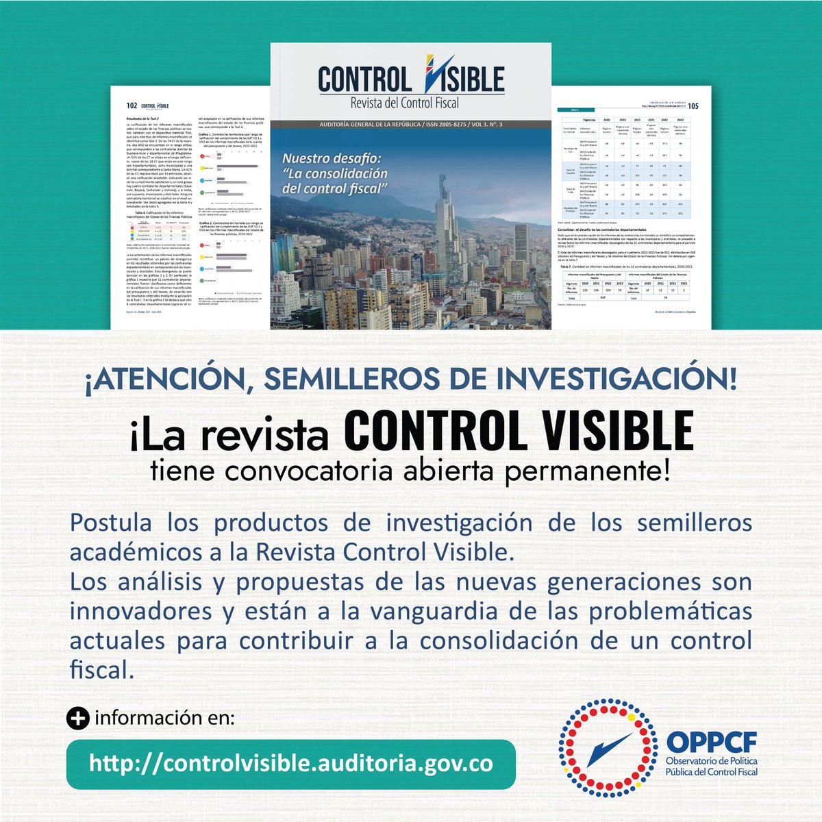AuditoriaGen's tweet photo. ¡Atención semillero de investigación!   Recuerda que la revista #ControlVisible tiene convocatoria permanente para la publicación de investigaciones sobre control y gestión fiscal.  Postula tus productos en ➡️ https://t.co/L8k2dqD8t6 https://t.co/XxWMQjJoig