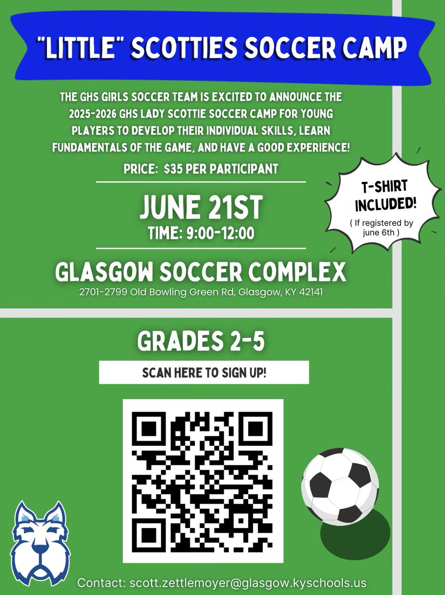We’ve added another camp opportunity to our summer calendar! 🗓️

#LadyScottieSoccer invites you to their inaugural Little Scotties Youth Soccer Camp! ⚽️

•DATE: Saturday, June 21
•TIME: 9:00AM-12:00PM
•AGES: Incoming 2nd-5th Grade
•COST: $35 cash or check at time of check-in