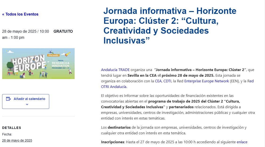 Carolina R. Bollain (@carolrbollain) on Twitter photo Sesión Andalucia de #Clúster2 <a href="/HorizonteEuropa/">Horizonte Europa</a> #Convocatorias #2025 👇
Averigua las oportunidades de #financiación abiertas en #Cultura #Creatividad y #Sociedad Inclusiva
Nueva Call ⏩ 362 Mill E + 32 topics
📍Nos vemos 🔜 28/05 en #Sevilla
➕Info en: shorturl.at/R2AVd Sesión Andalucia de #Clúster2 <a href="/HorizonteEuropa/">Horizonte Europa</a> #Convocatorias #2025 👇
Averigua las oportunidades de #financiación abiertas en #Cultura #Creatividad y #Sociedad Inclusiva
Nueva Call ⏩ 362 Mill E + 32 topics
📍Nos vemos 🔜 28/05 en #Sevilla
➕Info en: shorturl.at/R2AVd