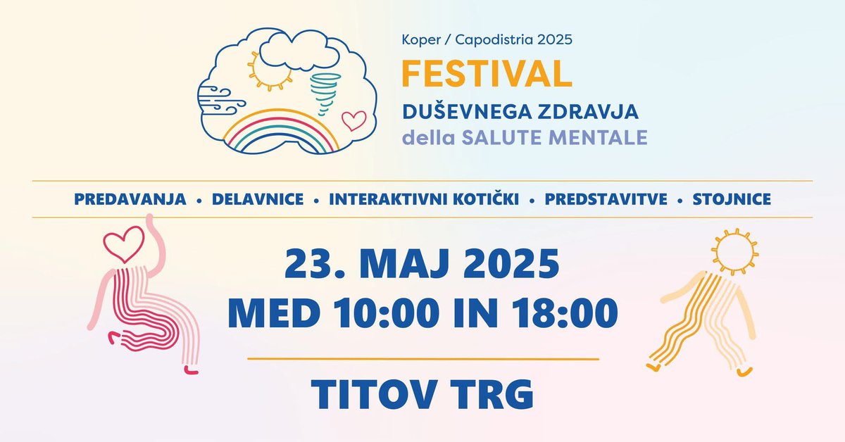 Vabljeni na Festival dusevnega zdravja v Koper <a href="/NIJZ_pr/">NIJZ</a>. 

V interaktivnih kotičkih boste spoznavali tehnike čuječnosti, sproščanja, meditacije. V živi knjižnici pa se pogovorili z “živimi knjigami” – osebami z izkušnjo težav v duševnem zdravju.

Vec: fdz.si