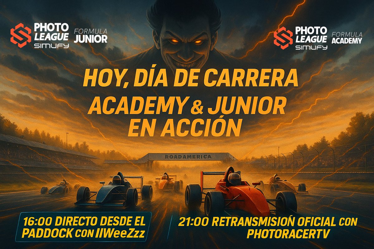 photoleagueinfo's tweet photo. 🏎️🇺🇸 ¡HOY ES DÍA DE CARRERA en COTA!
🔥 Academy (21:00 CET) & Junior (22:00 CET)
🎙️ Previo @IIIWeeZzz : FP1, FP2 y Discord desde 16:00 CET
📺 Directo Oficial: @photoracertv
😈 ¡La Mazmorra vigila cada curva!
#GPeeuu #PhotoLeagueSimufy https://t.co/VzeonttKfl