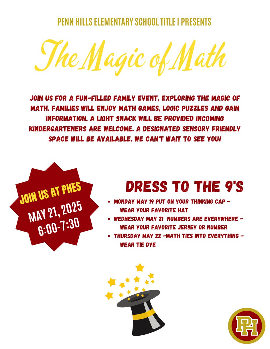 Join <a href="/PennHillsElem/">Penn Hills Elementary School</a> tonight at 6 p.m. for the annual Magic of Math Family Math Festival! Whether you're a fifth-grader or an incoming kindergartener, there will be fun &amp; engaging math activities for everyone!
#PHamily #MakingConnections #KindergartenReady