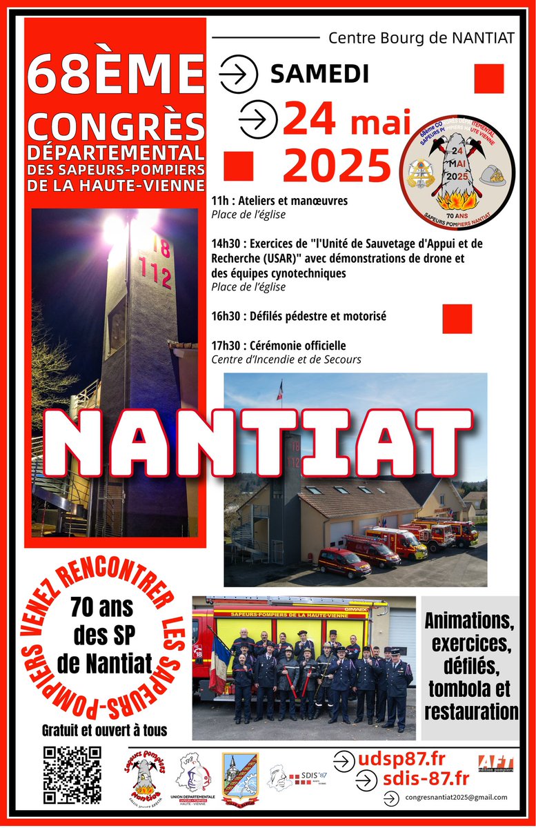 #Rassemblement
#congrès 
#Manifestation 
Samedi prochain, les sapeurs #pompiers 🧑🏻‍🚒👨🏼‍🚒de la #HauteVienne organisent leur congrès départemental à #Nantiat. 🚒
On vous attend nombreuses et nombreux
<a href="/Udsp87/">UDSP 87</a>