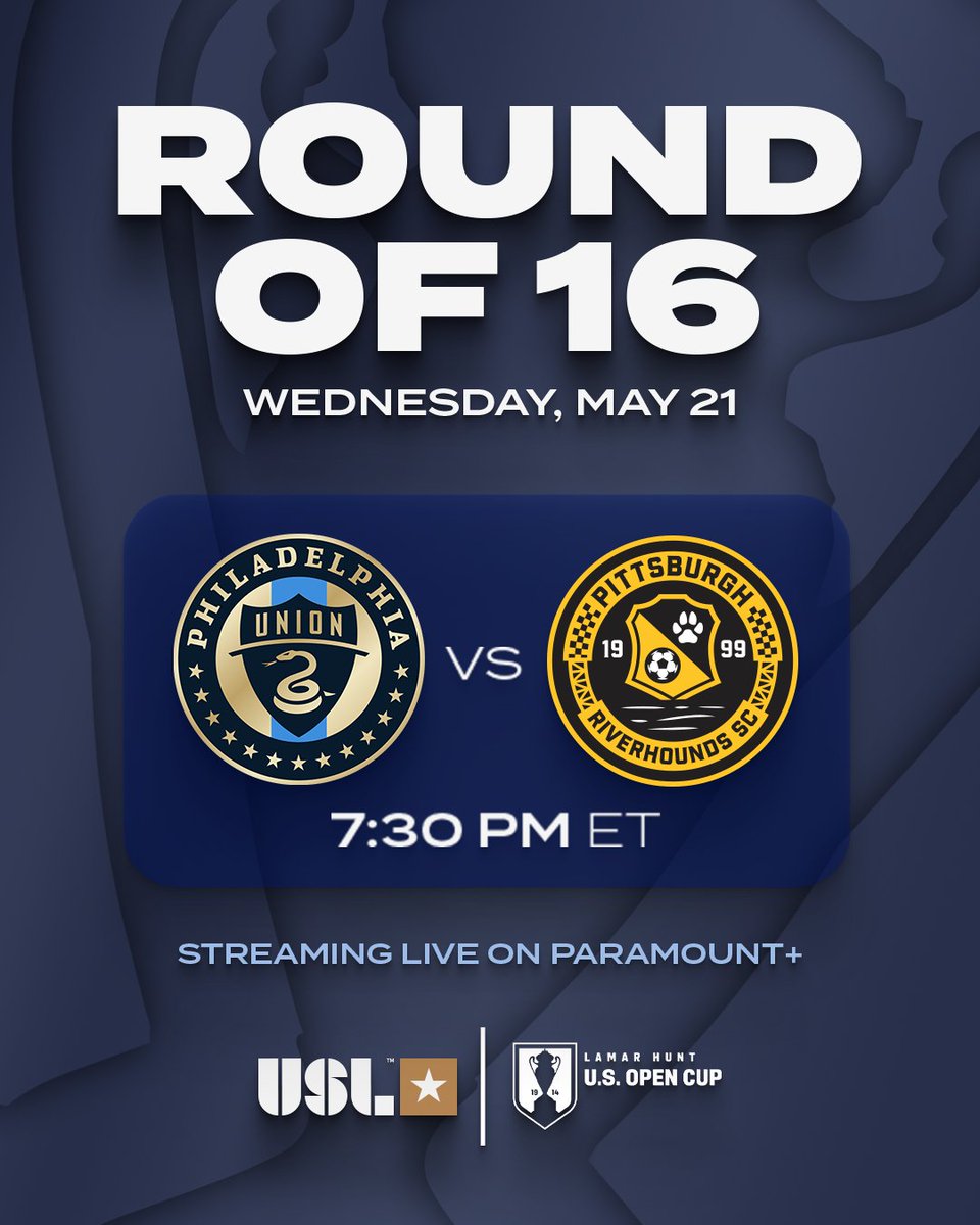 USL Championship (@uslchampionship) on Twitter photo A chance to keep the <a href="/opencup/">U.S. Open Cup</a> dream alive 😌
Watch <a href="/RiverhoundsSC/">Pittsburgh Riverhounds SC</a> face the Philadelphia Union tonight at 7:30 PM ET on <a href="/paramountplus/">Paramount+</a>! 📺 A chance to keep the <a href="/opencup/">U.S. Open Cup</a> dream alive 😌
Watch <a href="/RiverhoundsSC/">Pittsburgh Riverhounds SC</a> face the Philadelphia Union tonight at 7:30 PM ET on <a href="/paramountplus/">Paramount+</a>! 📺