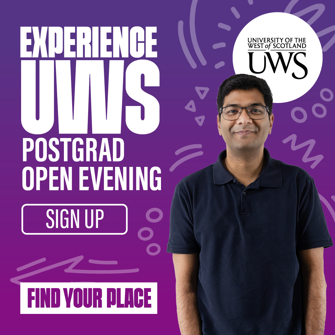 There's still time to secure your spot at our upcoming Postgraduate Open Evening at our Paisley campus on 28 May!

Explore our courses, chat to academics and get answers to all your questions about postgrad life at UWS!

Book now: eventbrite.co.uk/e/1308056605519