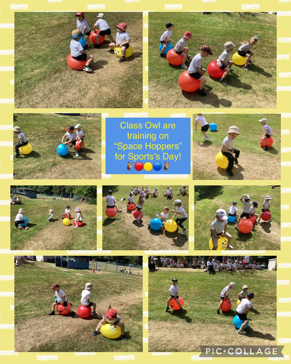 Class Owl are training on Space Hoppers for Sport’s Day! 
🦉🔵🟡🔴🦉
