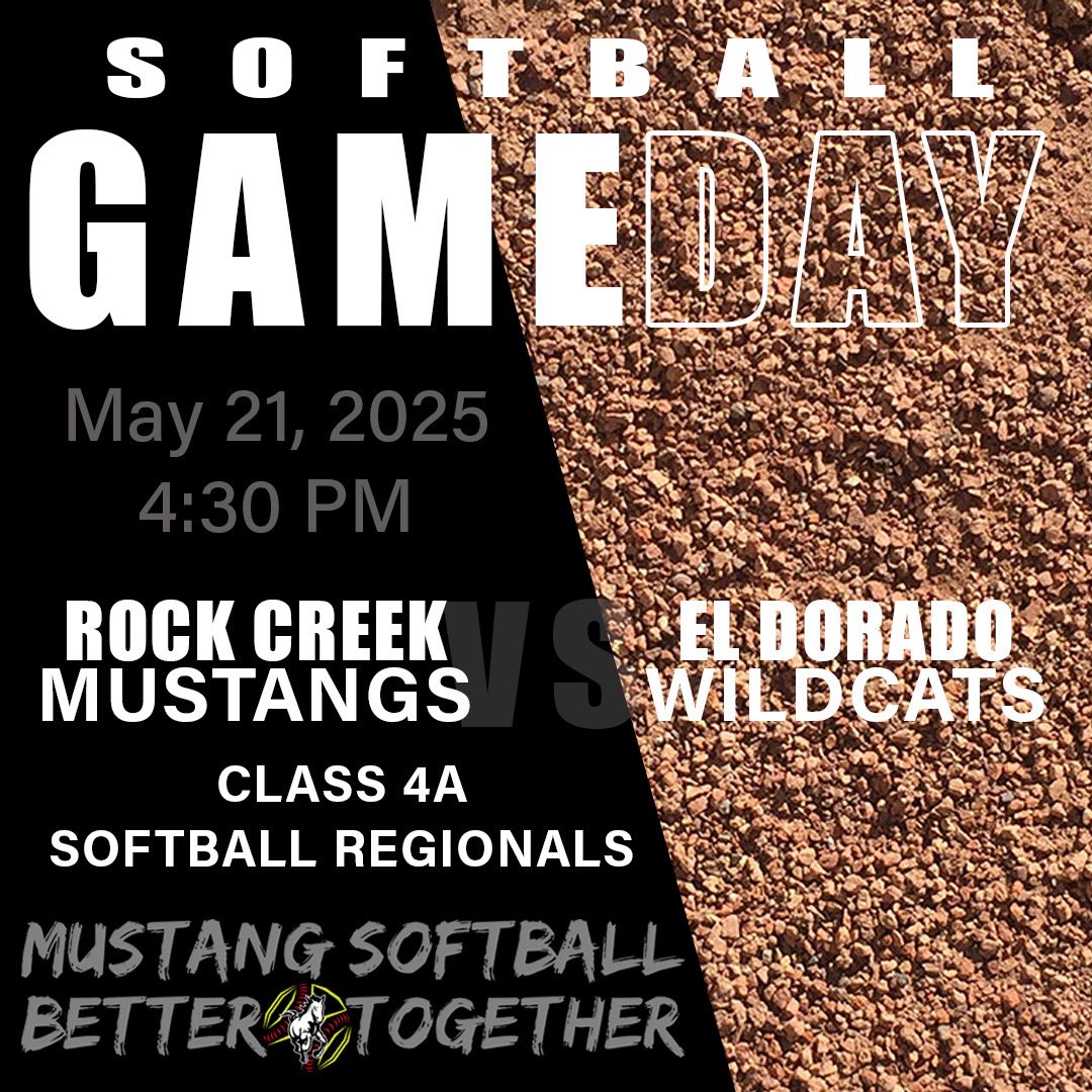IT'S GAMEDAY! The Mustangs host 4A Softball Regionals today!Game 1: Tonganoxie vs Ottawa at 3 pm 
Game 2: Rock Creek vs El Dorado approx 4:30 pm
The regional championship game will begin 25 minutes following game 2. #bettertogether #team29 🥎🖤🤍