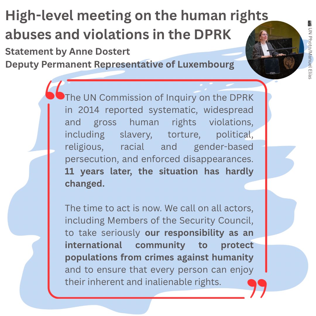 Luxembourg at the UN🇱🇺🇺🇳 (@luxembourgun) on Twitter photo Yesterday the #GeneralAssembly held a high-level plenary meeting to address the #HumanRights abuses and violations in the #DPRK - we thank all speakers for their striking testimonies.
Read our full statement, delivered by 🇱🇺 DPR <a href="/AnneDostert/">Anne Dostert 🇺🇦</a> here ➡️ newyork-un.mae.lu/fr Yesterday the #GeneralAssembly held a high-level plenary meeting to address the #HumanRights abuses and violations in the #DPRK - we thank all speakers for their striking testimonies.
Read our full statement, delivered by 🇱🇺 DPR <a href="/AnneDostert/">Anne Dostert 🇺🇦</a> here ➡️ newyork-un.mae.lu/fr