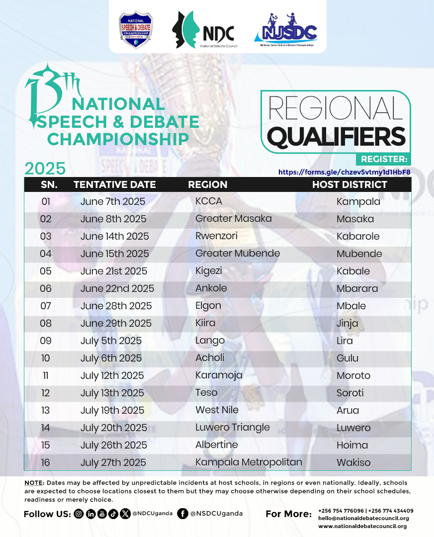 National Debate Council, Uganda (NDC) (@ndcuganda) on Twitter photo JUST IN: The #NSDC2025 Regional Qualifiers Calendar
16 regions, Countrywide. Thousands of young minds debating the intersection of climate, education & anti-corruption (TAAC) for a civic awakening.
Register: forms.gle/chzev5vtmy1d1H…
#13thNSDC | #DebateUG | <a href="/Educ_SportsUg/">Ministry of Education and Sports - Uganda</a> JUST IN: The #NSDC2025 Regional Qualifiers Calendar
16 regions, Countrywide. Thousands of young minds debating the intersection of climate, education & anti-corruption (TAAC) for a civic awakening.
Register: forms.gle/chzev5vtmy1d1H…
#13thNSDC | #DebateUG | <a href="/Educ_SportsUg/">Ministry of Education and Sports - Uganda</a>