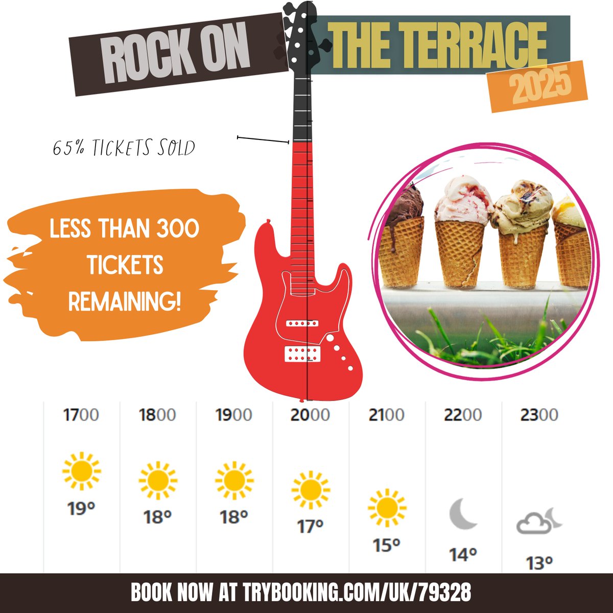 ☀️What a forecast for Friday's Rock on the Terrace evening of live music! And the perfect partner to a sunny social -  Bluebell Dairy will be bringing their luxury artisan ice creams! 🍦Tickets are flying, less than 300 remaining so book now to save £2/ticket before Friday 🎸