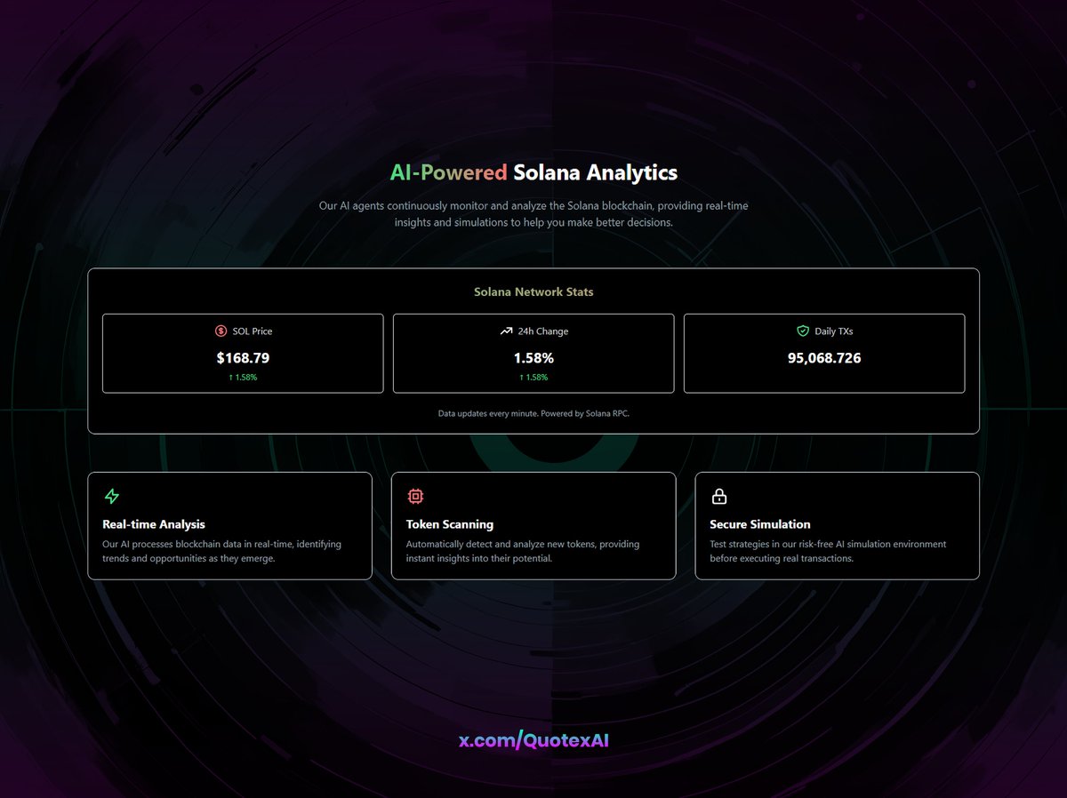 QuotexAI's tweet photo. 🚀 Real-time Solana insights, powered by AI.
Monitor SOL price, track daily transactions, and get live token analysis—faster than ever.
💡 Let AI guide your DeFi strategy.

🔗 Explore now: https://t.co/M0o1dEf9sR

#Solana #AI #CryptoAnalytics #Web3 https://t.co/vE9VBi2PCZ