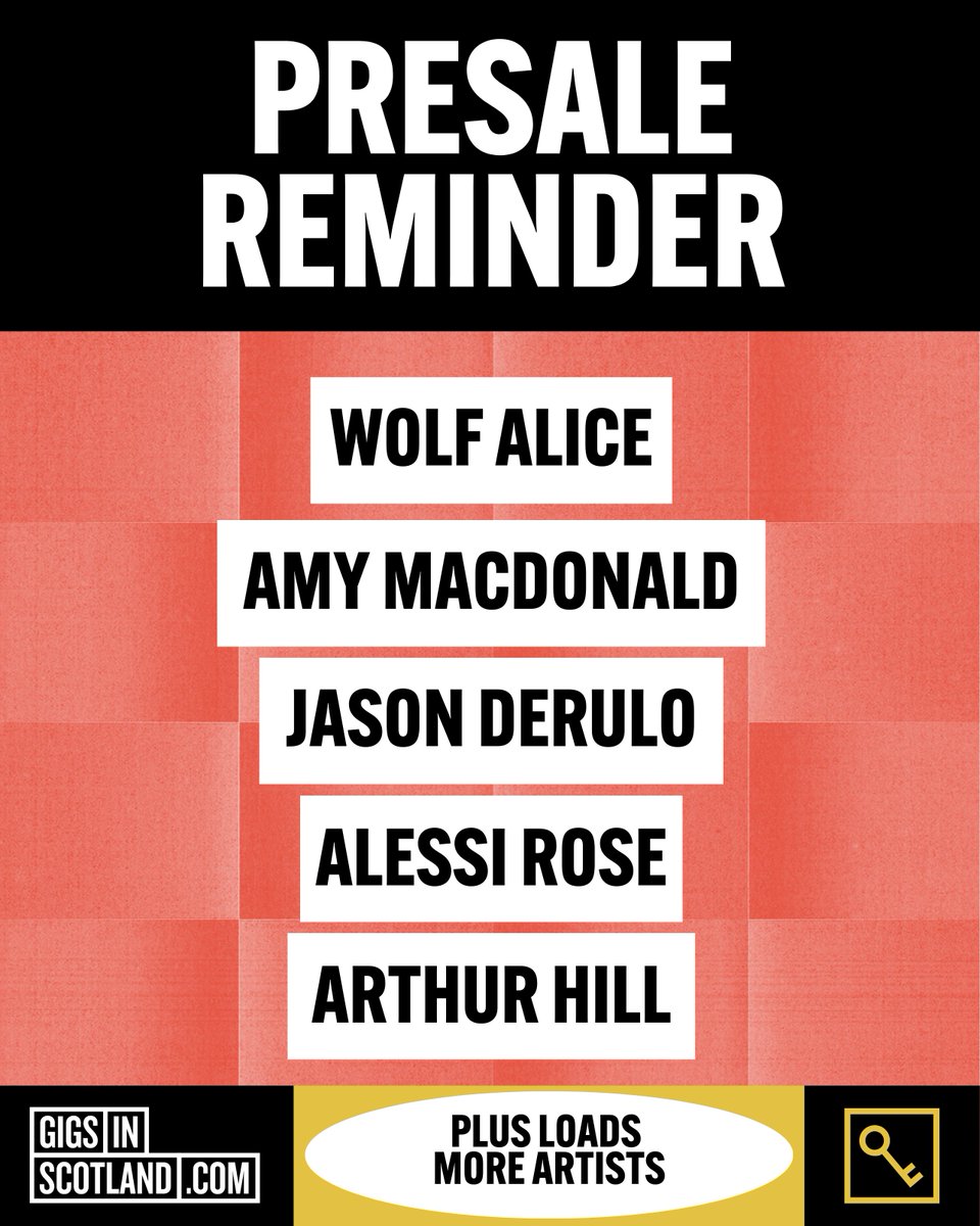 Gigs in Scotland (@gigsinscotland) on Twitter photo PRESALE REMINDER 🔐 » Presales happening today for <a href="/wolfalicemusic/">Wolf Alice</a>, <a href="/Amy__Macdonald/">𝗔𝗠𝗬 𝗠𝗔𝗖𝗗𝗢𝗡𝗔𝗟𝗗</a>, <a href="/jasonderulo/">Jason Derulo</a>, plus loads more artists!
Create an account with us to access our exclusive Gigs in Scotland presales 👀
MORE INFO ⇾ gigss.co/presale-happen… PRESALE REMINDER 🔐 » Presales happening today for <a href="/wolfalicemusic/">Wolf Alice</a>, <a href="/Amy__Macdonald/">𝗔𝗠𝗬 𝗠𝗔𝗖𝗗𝗢𝗡𝗔𝗟𝗗</a>, <a href="/jasonderulo/">Jason Derulo</a>, plus loads more artists!
Create an account with us to access our exclusive Gigs in Scotland presales 👀
MORE INFO ⇾ gigss.co/presale-happen…