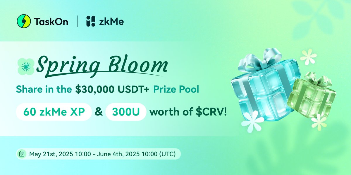 Plant Your Decentralized Future with zkMe in TaskOn 's Bloom Season!  🌸

↘️Complete simple tasks and own your digital identity!!
↗️Explore <a href="/zkme_/">zkMe</a> &amp; <a href="/RegnumAurum/">RAAC</a> 's RWA Finance revolution

To win the Rewards:
🔺$300 worth of $CRV
🔺60 zkMe XP for every newly eligible zkHero