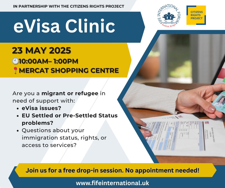 Need help with eVisa applications or the EU Settlement Scheme? 🪪🇪🇺 Seeking advice with financial issues or welfare? 💸

On the 23rd of May, Citizens Rights Project will be at Mercat Shopping Centre, Kirkcaldy from 10:00 to 13:00 to help.