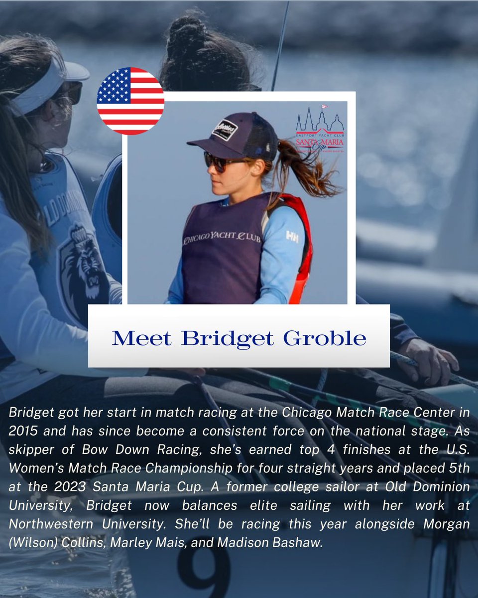 Meet Bridget Groble!⛵️

Back at #SantaMariaCup after 2023, Bridget is the founder of Bow Down Racing and a top U.S. women’s match racer. A former ODU standout, now racing with Chicago YC &amp; working at Northwestern!

Welcome back, Bridget!
#SMC #BridgetGroble #WomensMatchRacing