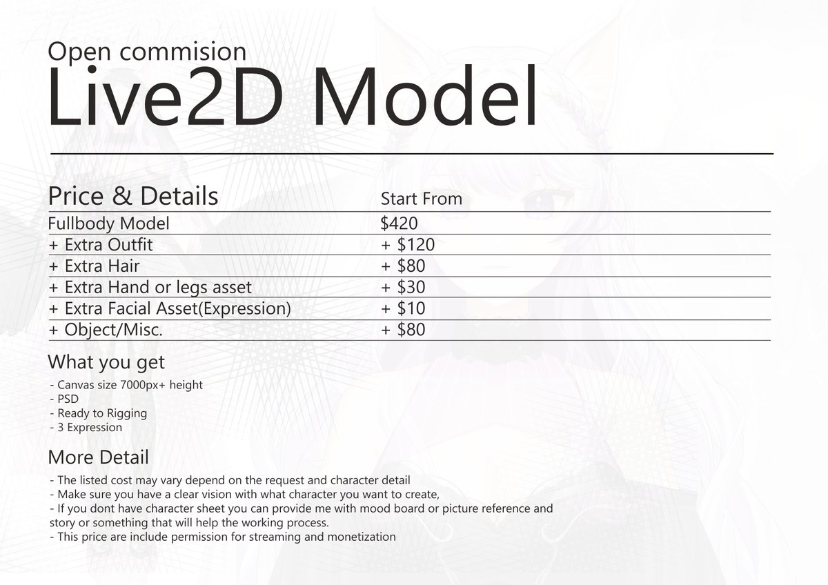 Kanslaaaa's tweet photo. 🔃💙are appreciated
Open Commission Live2D Model
hi everyone! I'm opening commission for this month with details as shown below Feel free to DM if you're interested thankyou!✨

further detail on comment below
https://t.co/srF18XpsFd
#commissionopen #Live2dCommissions  #Vtuber https://t.co/0X9HiVbMY9