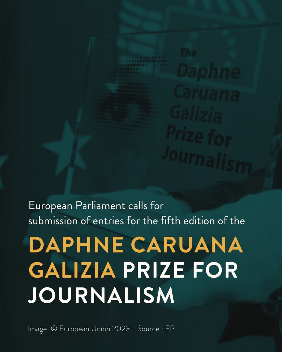 Daphne Caruana Galizia Foundation (@daphnefdtn) on Twitter photo 🇪🇺<a href="/Europarl_EN/">European Parliament</a> has issued a call for submission entries for 5th edition of Daphne Caruana Galizia Prize for Journalism.
Read more
europarl.europa.eu/news/en/press-…
The Daphne Caruana Galizia Foundation is not involved in administering the award.
#EuropeanUnion #PressFreedom #journalism 🇪🇺<a href="/Europarl_EN/">European Parliament</a> has issued a call for submission entries for 5th edition of Daphne Caruana Galizia Prize for Journalism.
Read more
europarl.europa.eu/news/en/press-…
The Daphne Caruana Galizia Foundation is not involved in administering the award.
#EuropeanUnion #PressFreedom #journalism