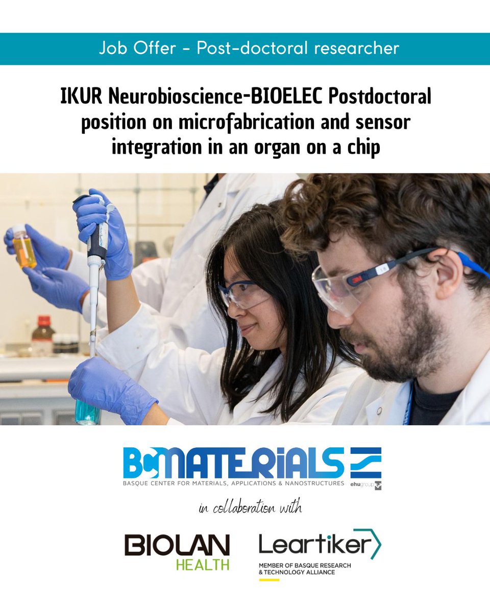 #JobOffer Postdoctoral position on microfabrication and sensor integration in an organ on a chip
<a href="/BCMaterials/">BCMaterials</a> 🤝 <a href="/biolanmb/">BIOLAN</a> 🤝 <a href="/leartiker/">Leartiker</a> 

Job Offer Reference: 2025-16
Deadline: 05.28.2025

🔗 bcmaterials.net/en/join-us
