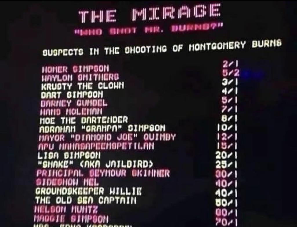 Cambone88's tweet photo. Las Vegas odds for Who Shot Mr Burns? In 1995

#TheSimpsonsGoats #TheSimpsons #SimpsonsForever https://t.co/q0rcBo3KCu