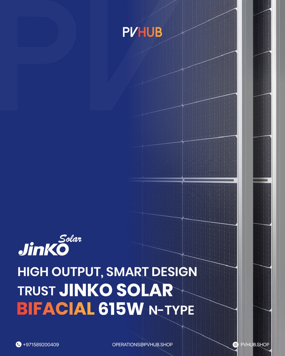 PVhub_shop's tweet photo. Power up with Jinko 585W N-Type Bifacial panels ⚡
Dual-sided, high-efficiency, low degradation—perfect for rooftops or utility projects.
Now available at PVHUB.
📞 +971589200409
🌐 https://t.co/GaqTyP9CMH
#PVHUB #JinkoSolar #CleanEnergy #SolarPower https://t.co/SVfnsIfozp