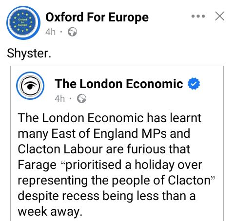 Clacton4Europe's tweet photo. Clacton's M.P. &amp; architect of the #BrexitDisaster, @Nigel_Farage, slopes off on holiday to France &amp; misses important #BrexitDisaster reset debate. #ExitBrexit.

https://t.co/BNQ3pO5Cag https://t.co/s83b9VkT5c