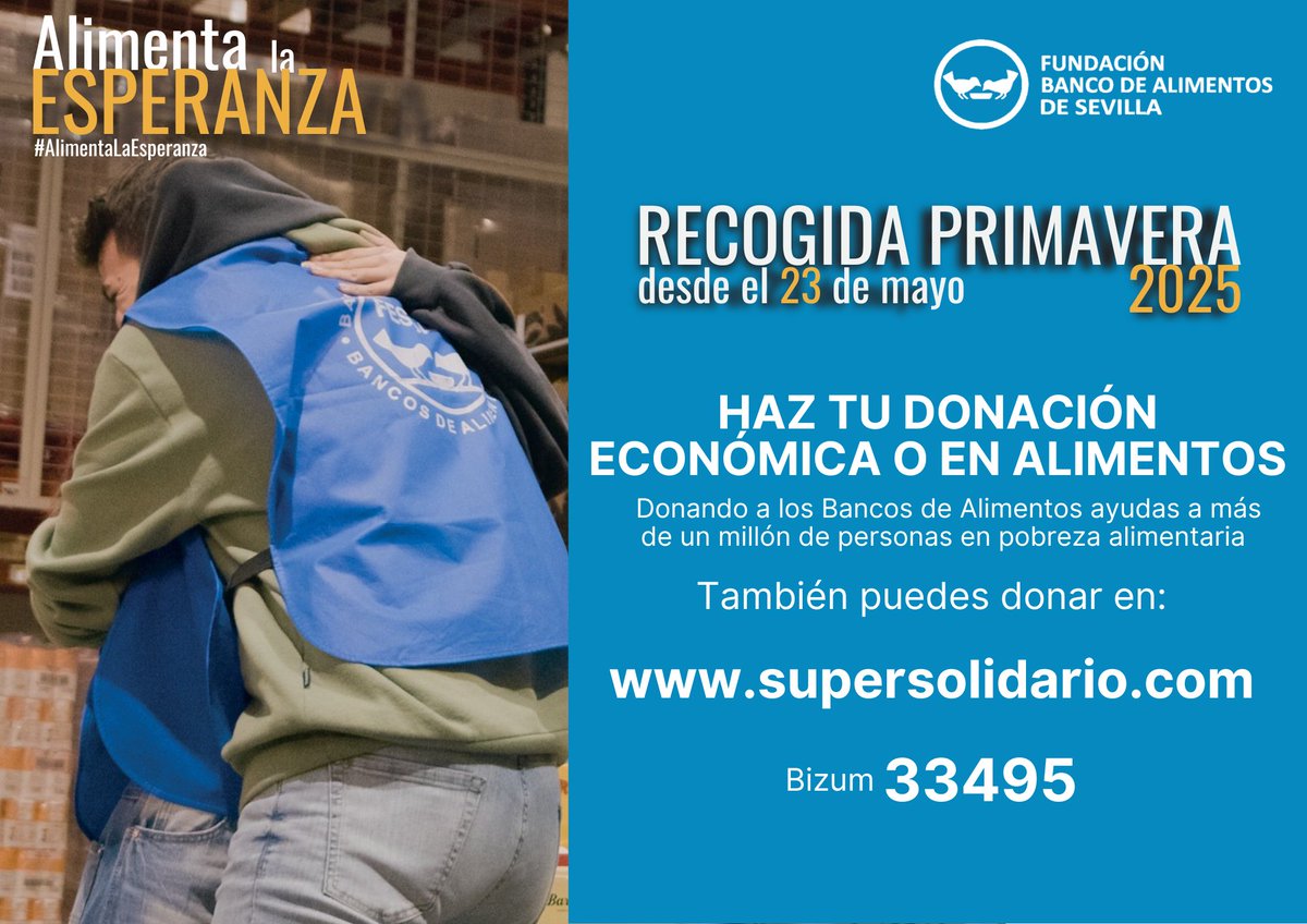 Fundacion1890's tweet photo. 🚨¡Vuelve la #GranRecogidaDePrimavera!🚨

📅Los días 23 y 24 de mayo puedes colaborar acudiendo a tu supermercado y donando alimentos.🍽️

💻También puedes ayudar a través de la página web del @B_Alim_Sev.

📲Bizum ➡️33495 

#NuncaTeRindas #FundaciónSevillaFC https://t.co/fabYocE9jT