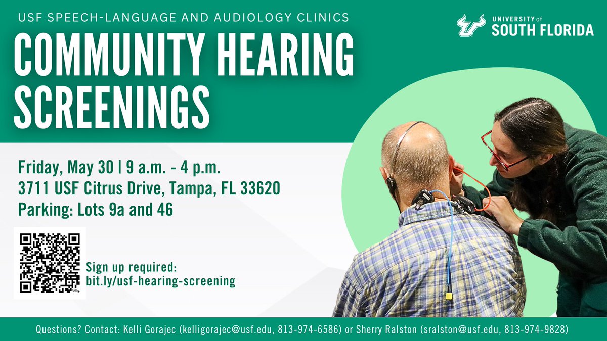 👂Join us on May 30 for a free community-wide hearing screening event hosted by USF Speech-Language Clinic and USF Audiology Clinic. Don't miss this chance to take care of your hearing health!
🔗 Sign-up required – bit.ly/usf-hearing-sc…
#HearingScreening #TampaEvents