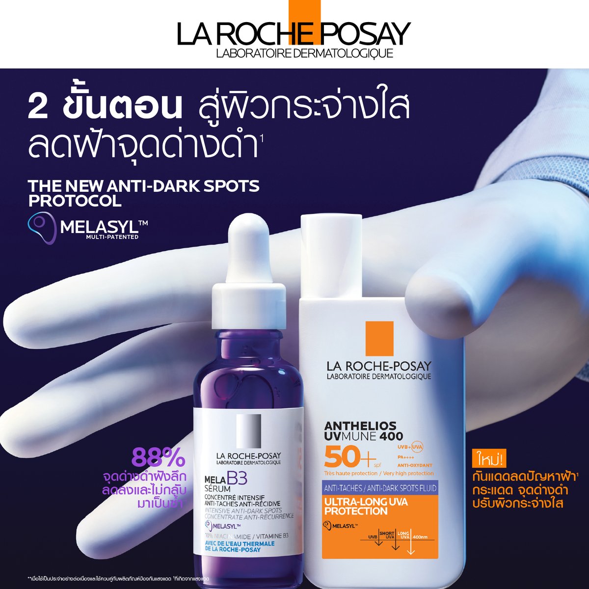 2 ขั้นตอนลดฝ้าจุดด่างดำ สู่ผิวกระจ่างใส
ใหม่!ANTHELIOS UVMUNE400 DARK SPOTS FLUID
ผสาน2เทคโนโลยี Protect + Correct ปัญหาฝ้า กระจุดด่างดำ
☀️ Mexoryl400 สารกันแดดที่สามารถปกป้องผิวครอบคลุมถึงUltralong UVA ที่ความยาวคลื่น 380-400 nm
💜Melasyl รับมือกลไลการเกิดเม็ดสี