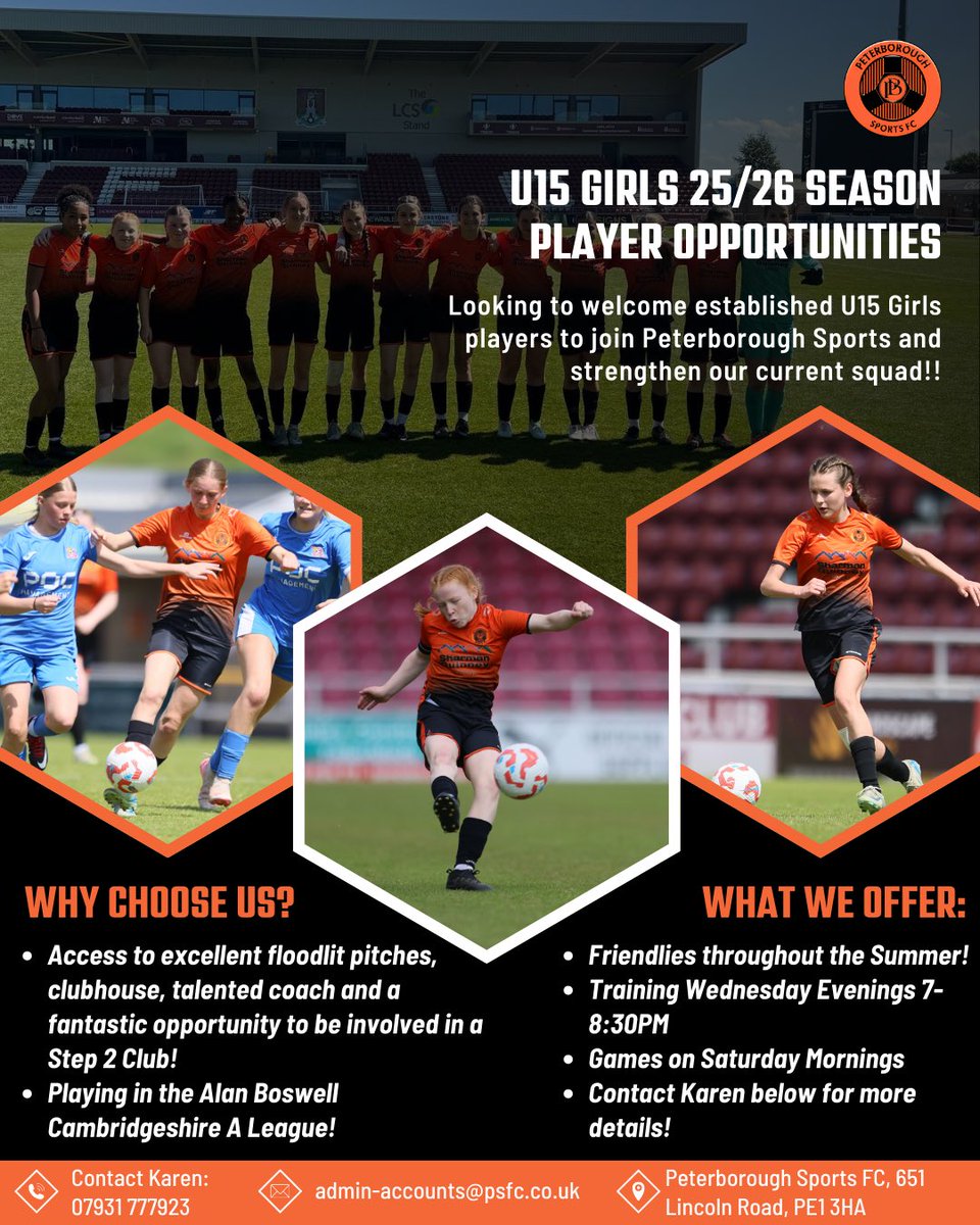 Peterborough Sports (@psfcturbines) on Twitter photo ๐จ15 ๐๐๐ฅ๐๐ฆ ๐ฃ๐๐๐ฌ๐๐ฅ ๐ข๐ฃ๐ฃ๐ข๐ฅ๐ง๐จ๐ก๐๐ง๐๐๐ฆ
The club are in a position to recruit and welcome more established U15 Girls players to Peterborough Sports and further strengthen our already brilliant squad! ๐งก
Contact Karen or email us for more info: 07931 777923 ๐จ15 ๐๐๐ฅ๐๐ฆ ๐ฃ๐๐๐ฌ๐๐ฅ ๐ข๐ฃ๐ฃ๐ข๐ฅ๐ง๐จ๐ก๐๐ง๐๐๐ฆ
The club are in a position to recruit and welcome more established U15 Girls players to Peterborough Sports and further strengthen our already brilliant squad! ๐งก
Contact Karen or email us for more info: 07931 777923