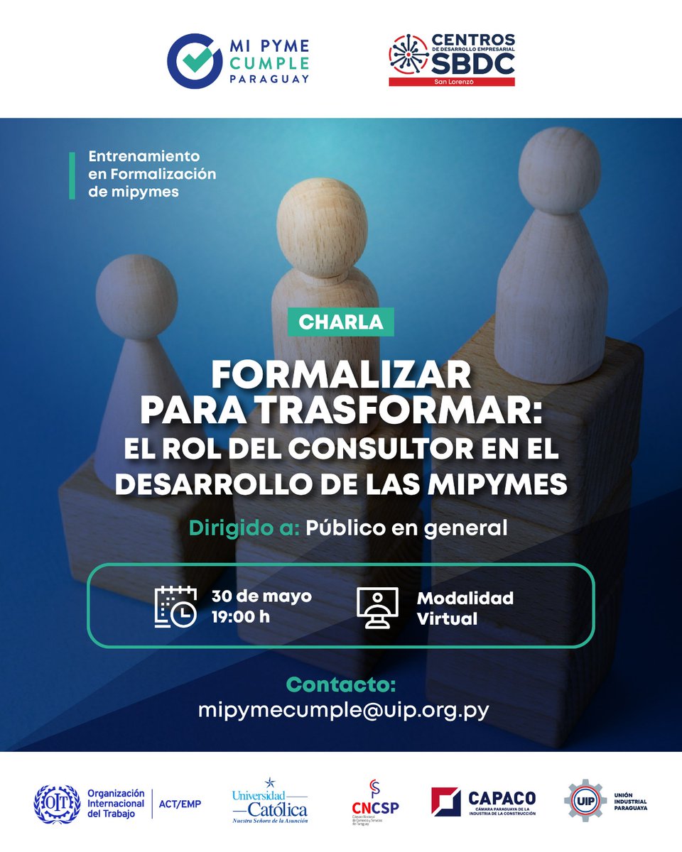 MipymecumplePy's tweet photo. ✅ Participá del taller virtual “Formalizar para transformar” y descubrí cómo el rol del consultor puede marcar la diferencia en el desarrollo de mipymes
🙌🏻 Abierta a todo público
💻 Inscribite sin costo en: https://t.co/etgw1C775y
#MiPymeCumple #OIT #UC #CNCSP #CAPACO #UIP #SBDC https://t.co/nNN964Sakg