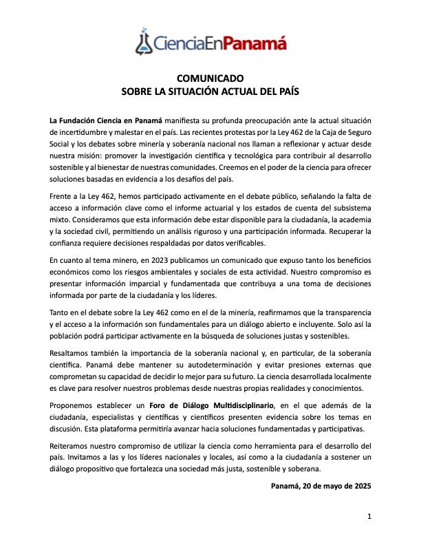 Comunicado de la Fundación #CienciaEnPanamá sobre la situación actual del país.