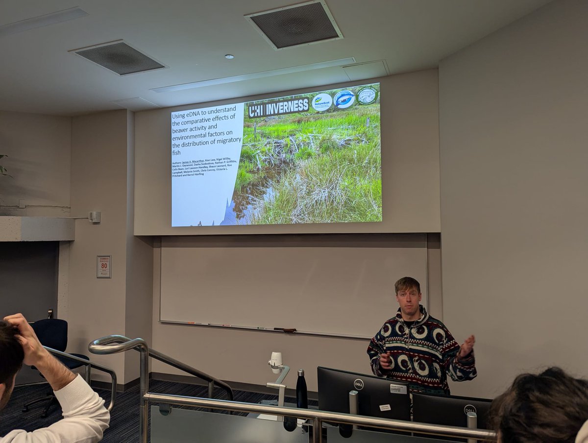 James MacArthur (<a href="/JamesMacarthur_/">James Macarthur</a>), followed and told us about the use of large scale eDNA sampling to understand the comparative effects of Eurasian beaver activity and other environmental factors on spatial distributions of migratory fish