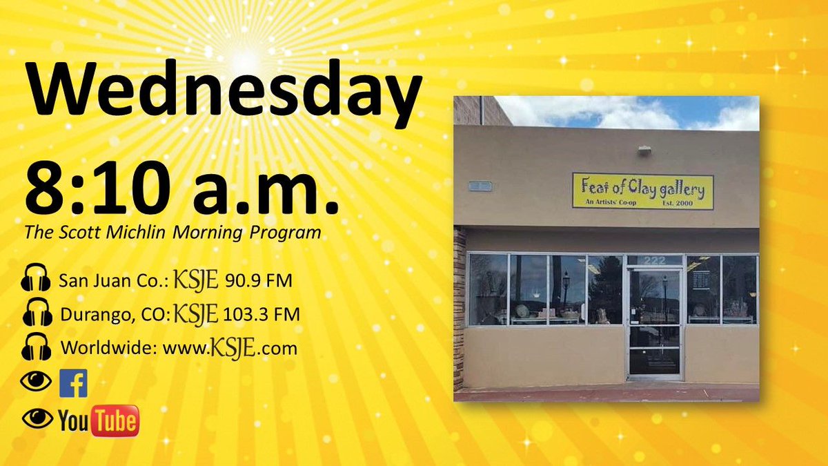 KSJE's tweet photo. Today, we're sharing details about the upcoming 25th Anniversary for Feat of Clay gallery in #AztecNM!
#Author Kathy Myrick stops by to tell us about her book!
As does author Stoney Compton!
Sunny &amp; warmer #nmwx today! https://t.co/BE4X1WeJ05