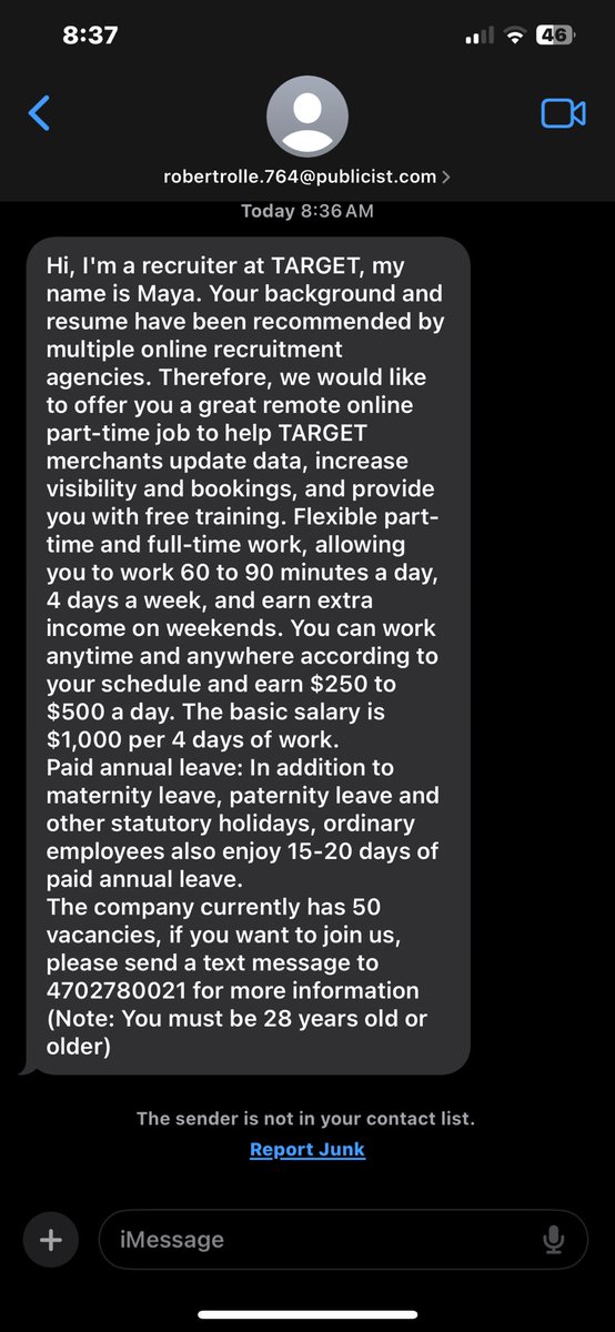 Justin777Robles's tweet photo. @Target I received this unsolicited text from someone attempting to impersonate Target employment. This is  more than likely a scam or  a potential attempt for phishing attack. Just wanted to share it with yall. https://t.co/t98A0be7Sz