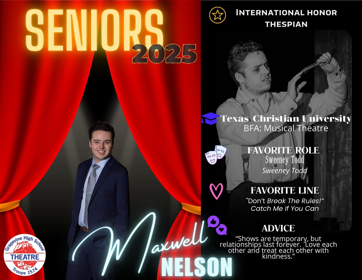GHSTheatre1574's tweet photo. Congratulations International Honor Thespian, Maxwell Nelson!
@GCISDFineArts
#SeniorSendOff #Classof2025 https://t.co/E8jfFbz9pc