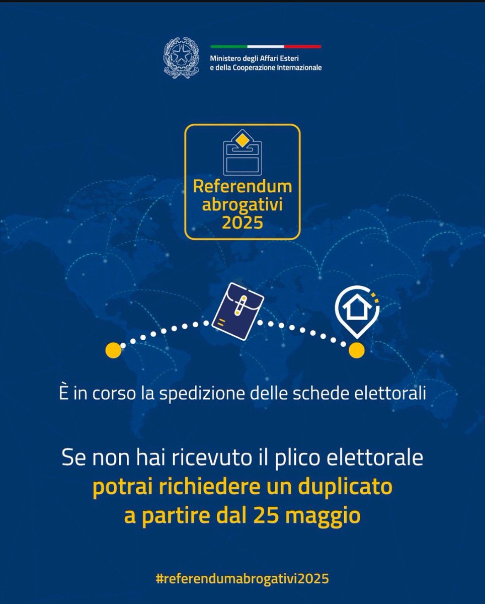 🗳️ #Referendumabrogativi2025 
📨 È in corso la spedizione delle schede elettorali! Se non dovessi ricevere il plico elettorale potrai richiedere un duplicato all’Ambasciata a partire dal 25 maggio.
 
Maggiori informazioni nella Home Page del nostro sito web.