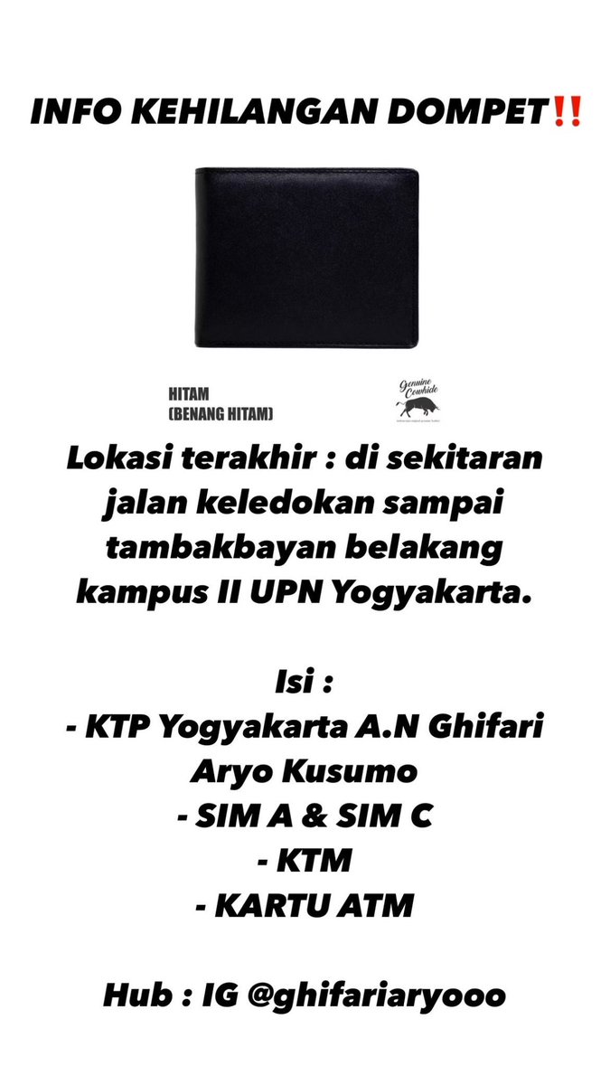 Giparri's tweet photo. @merapi_uncover info kehilangan dompet, izin share temen temen barangkali ada yg melihat, jika ada yg menemukan saya berikan imbalan yg sepantas nya🥺🙏🏻 https://t.co/bY13o45eNs