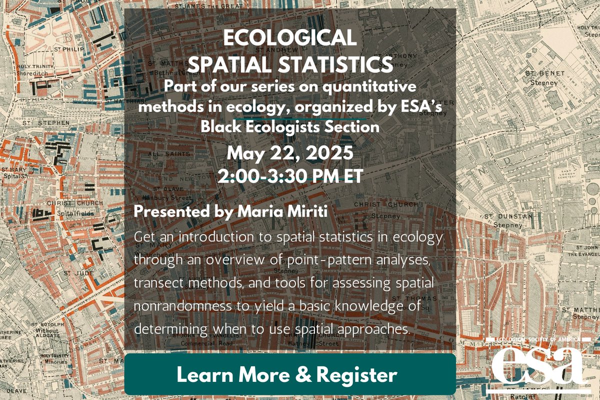 🕑Coming up tomorrow: *Ecological Spatial Statistics* by Maria Miriti. Get an overview of point-pattern analyses, transect methods, and tools for assessing spatial nonrandomness. Free to student members thanks to <a href="/BEcologists/">Black Ecologists</a>! esa.org/career-develop…