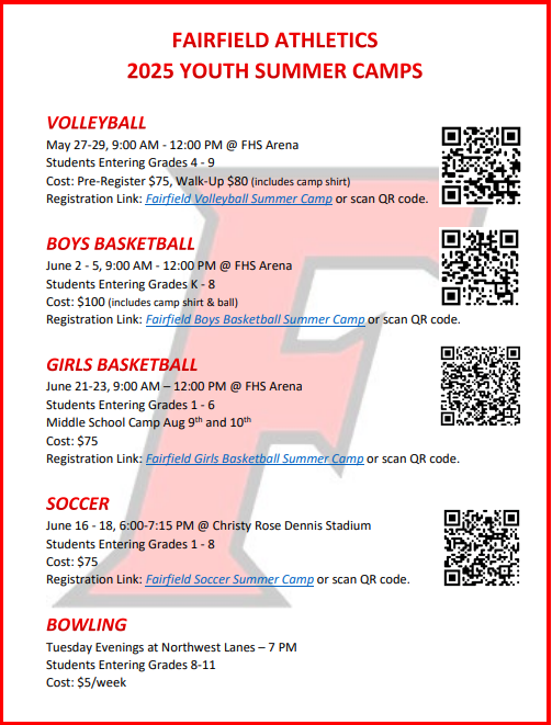 See below for all 2025 Youth Summer Camp information for Fairfield Athletics! Hope to see you there!

View the document to click on the specific links by going here: drive.google.com/file/d/1Wlxotg…

#FairfieldPride #OneTribe