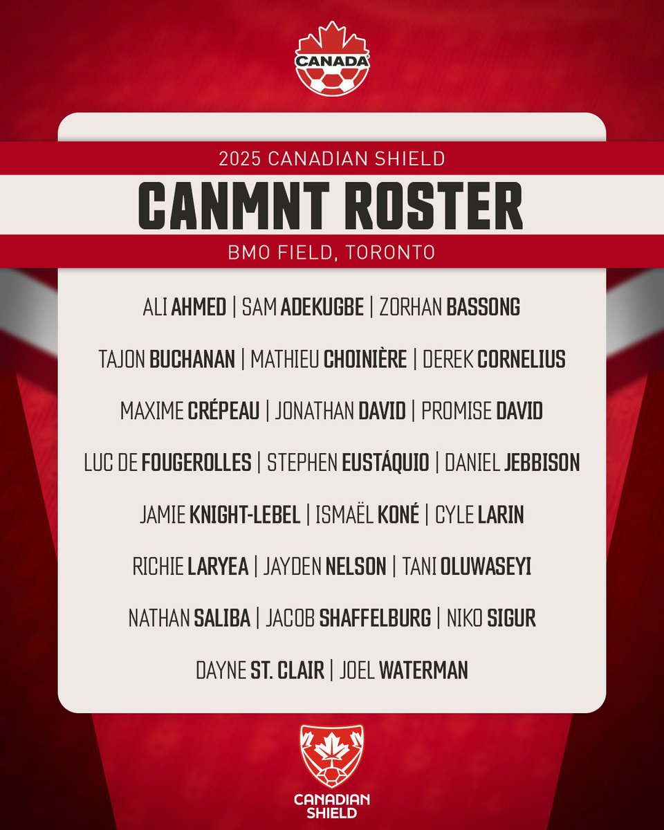 CANMNT Squad announced for The Canadian Shield Tournament in Toronto 🇨🇦🛡️

The 23 players who will represent Canada in the inaugural Canadian Shield Tournament at BMO Field this summer ⬇️

Canada is set to take on Ukraine on Saturday 7 June and Côte D’Ivoire on Tuesday 10 June.