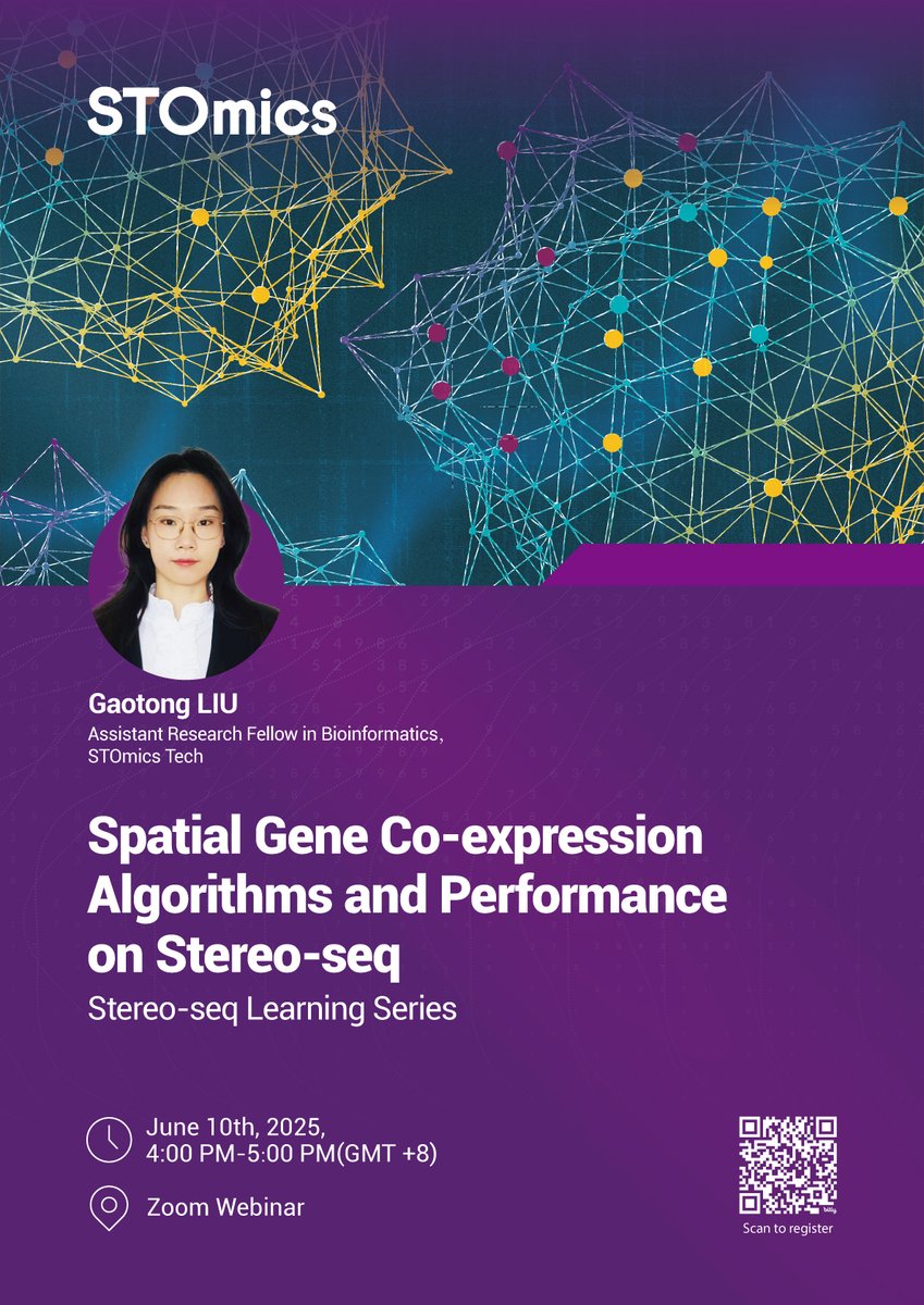✨Unlock the secrets of spatial gene co-expression! Join our #StereoSeq webinar on 10th June 2025, 4:00 PM (GMT+8) to explore "Spatial Gene Co-expression Algorithms and Performance on Stereo-seq". Don’t miss out! bit.ly/4jT6wWc #SpatialOmics #STOmics