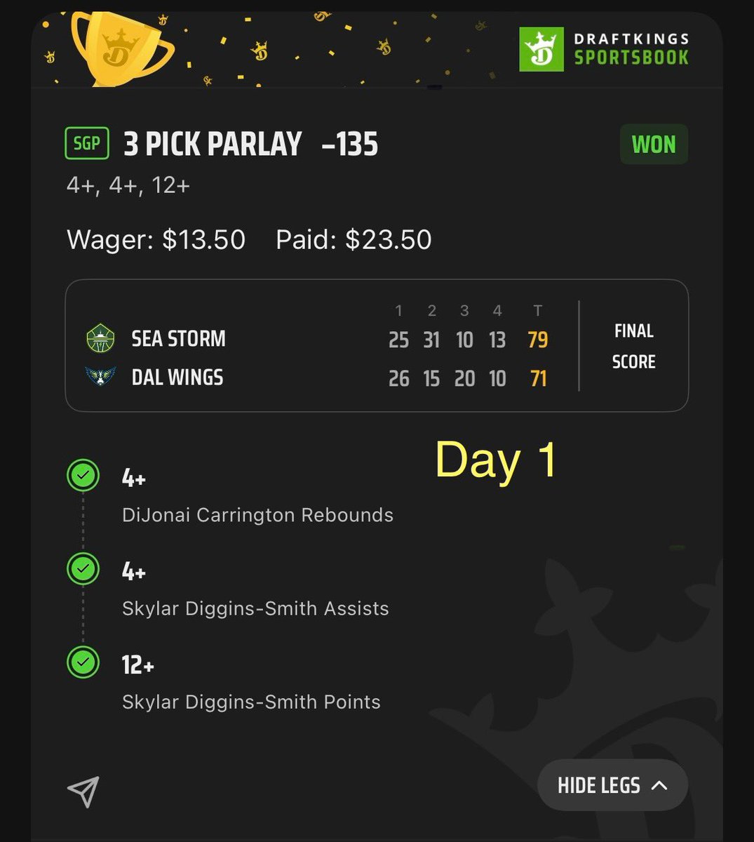 SixFigureSport3's tweet photo. Climbing the ladder one bet at a time 🪜💰 

Day 3 loading ☑️🫡

#LadderChallenge #SportsBettingX #DraftKings https://t.co/U4MsVt5P5u